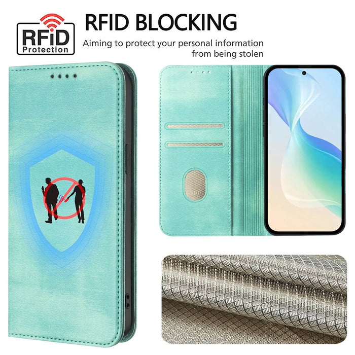 For vivo X200 Ultra 5G Wallet Cases Retro Texture RFID Blocking Leather Phone Cover - Mint Green - 7