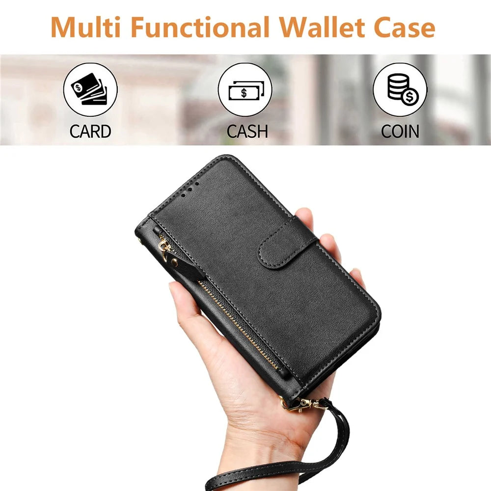 For Realme Narzo 80 Pro 5G Case Zipper Pocket Multiple Card Slots Leather Phone Cover - Black - 5