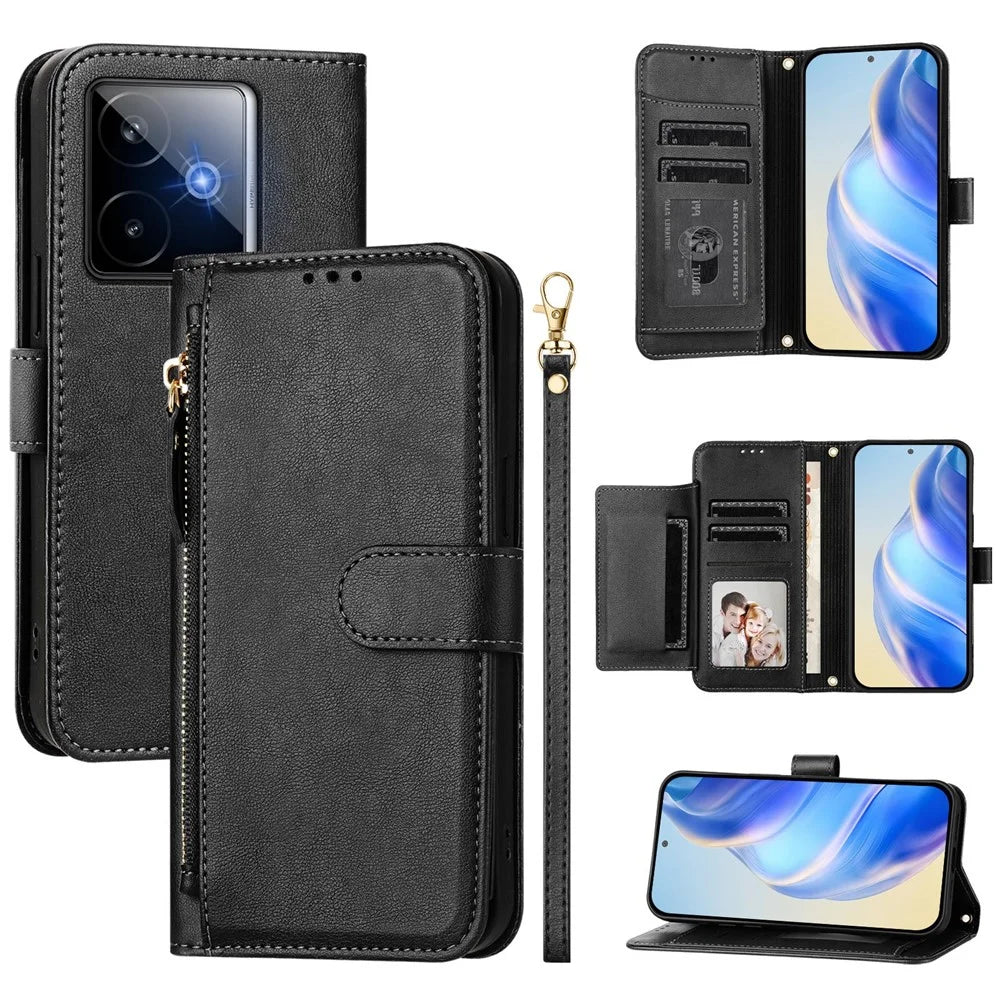 For Realme GT7 Pro Racing 5G Case Zipper Pocket Multiple Card Slots Leather Phone Cover - Black - 1