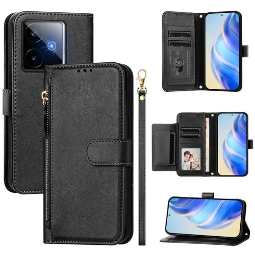For Realme GT7 Pro Racing 5G Case Zipper Pocket Multiple Card Slots Leather Phone Cover - Black - 1