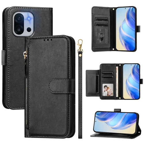 For OnePlus 13T 5G Case Zipper Pocket Multiple Card Slots Leather Phone Cover - Black - 1