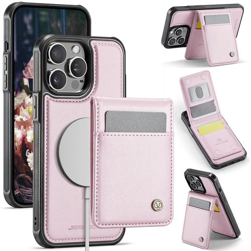 JEEHOOD For iPhone 13 Pro Max 6.7 inch Leather Back Cover Compatible with MagSafe  J06 Phone Case with Card Bag RFID Blocking - Pink - 1