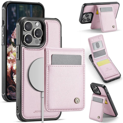 JEEHOOD For iPhone 13 Pro Max 6.7 inch Leather Back Cover Compatible with MagSafe  J06 Phone Case with Card Bag RFID Blocking - Pink - 1