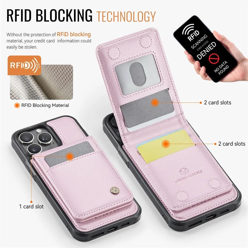 JEEHOOD For iPhone 13 Pro Max 6.7 inch Leather Back Cover Compatible with MagSafe  J06 Phone Case with Card Bag RFID Blocking - Pink - 3