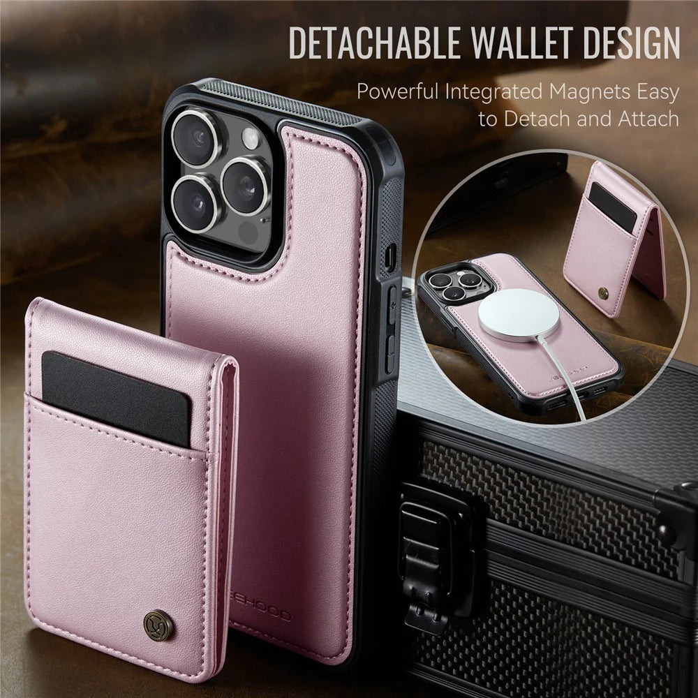 JEEHOOD For iPhone 13 Pro Max 6.7 inch Leather Back Cover Compatible with MagSafe  J06 Phone Case with Card Bag RFID Blocking - Pink - 4