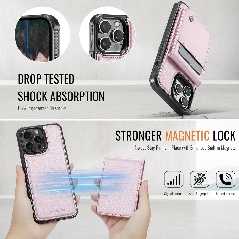 JEEHOOD For iPhone 13 Pro Max 6.7 inch Leather Back Cover Compatible with MagSafe  J06 Phone Case with Card Bag RFID Blocking - Pink - 5