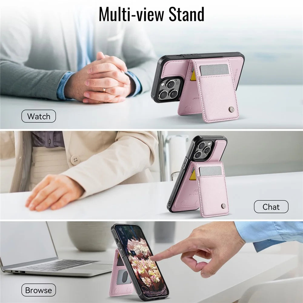 JEEHOOD For iPhone 13 Pro Max 6.7 inch Leather Back Cover Compatible with MagSafe  J06 Phone Case with Card Bag RFID Blocking - Pink - 6