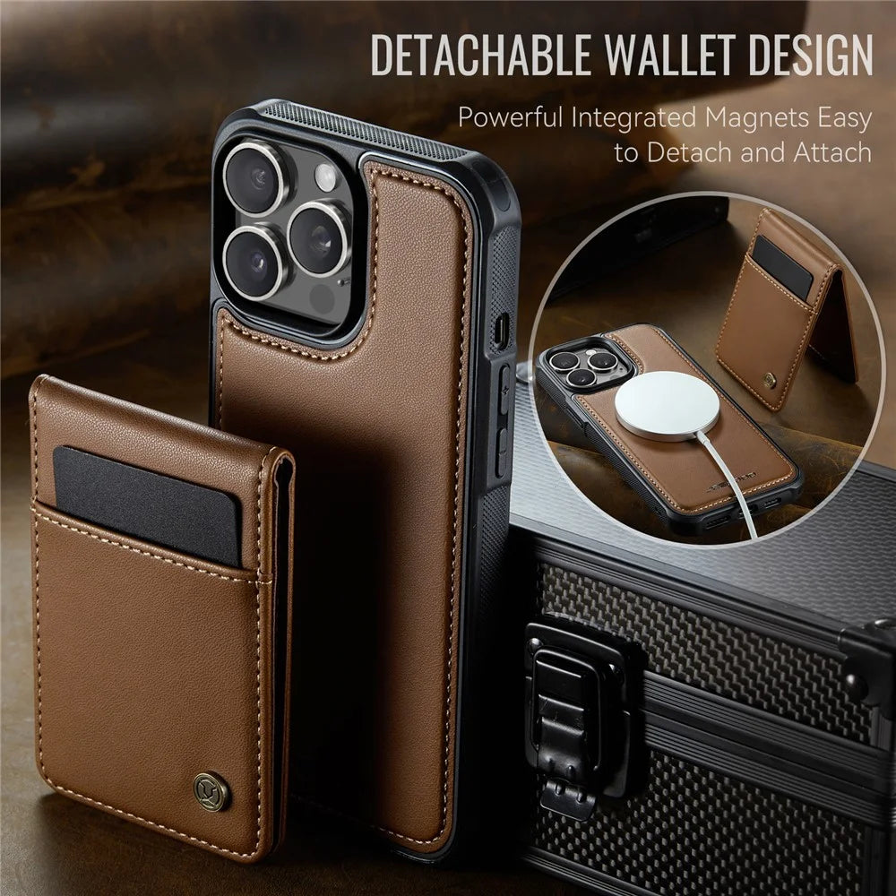 JEEHOOD For iPhone 13 Pro 6.1 inch Leather Back Cover Compatible with MagSafe  J06 Phone Case with Card Bag RFID Blocking - Brown - 4