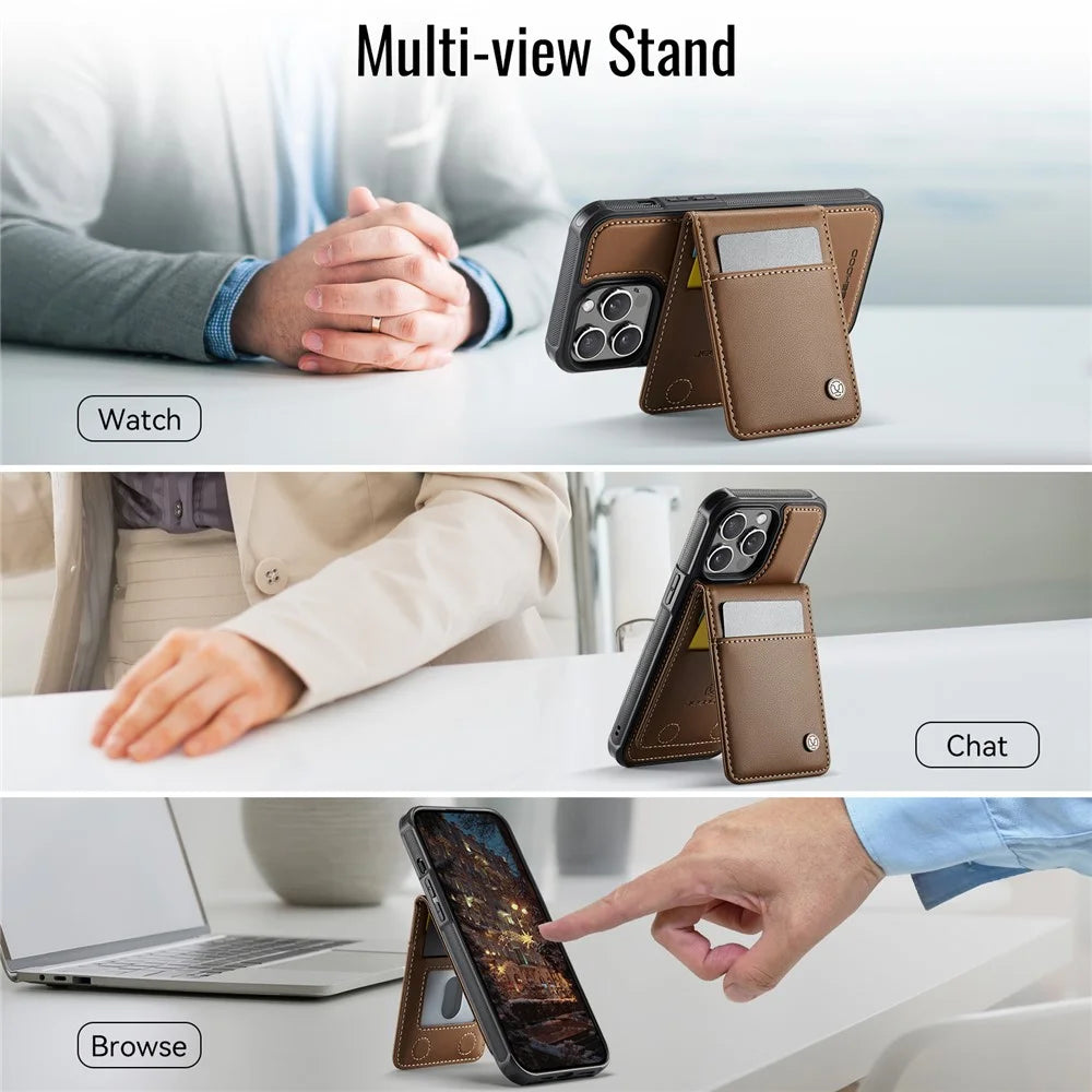 JEEHOOD For iPhone 13 Pro 6.1 inch Leather Back Cover Compatible with MagSafe  J06 Phone Case with Card Bag RFID Blocking - Brown - 6