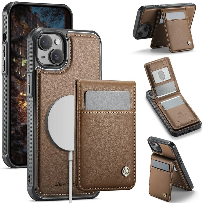 JEEHOOD For iPhone 13 6.1 inch Leather Back Cover Compatible with MagSafe  J06 Phone Case with Card Bag RFID Blocking - Brown - 1