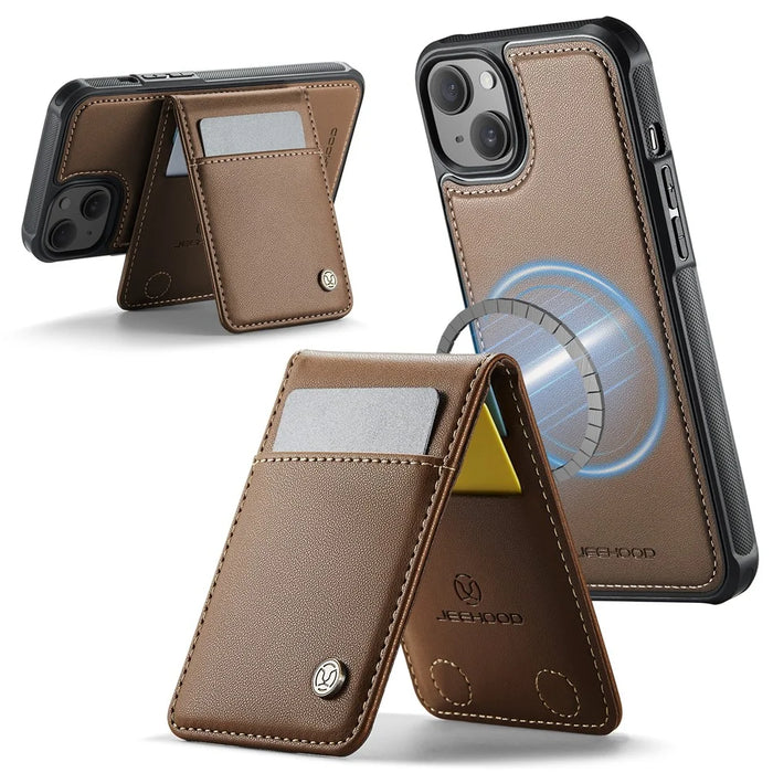 JEEHOOD For iPhone 13 6.1 inch Leather Back Cover Compatible with MagSafe  J06 Phone Case with Card Bag RFID Blocking - Brown - 2