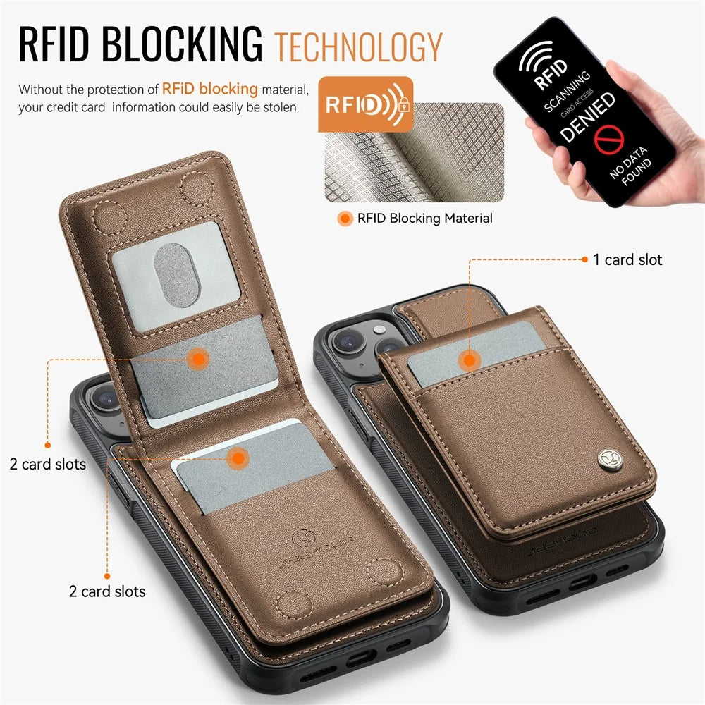JEEHOOD For iPhone 13 6.1 inch Leather Back Cover Compatible with MagSafe  J06 Phone Case with Card Bag RFID Blocking - Brown - 3