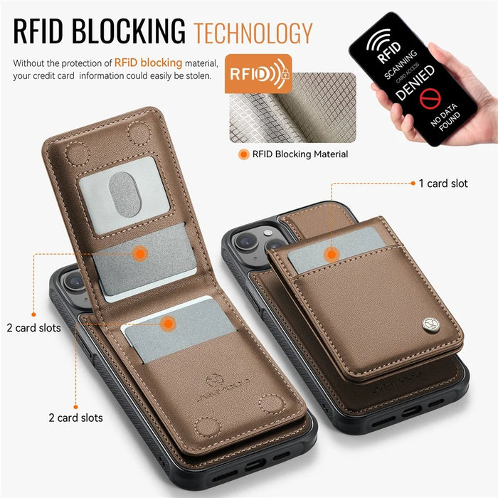 JEEHOOD For iPhone 13 6.1 inch Leather Back Cover Compatible with MagSafe  J06 Phone Case with Card Bag RFID Blocking - Brown - 3