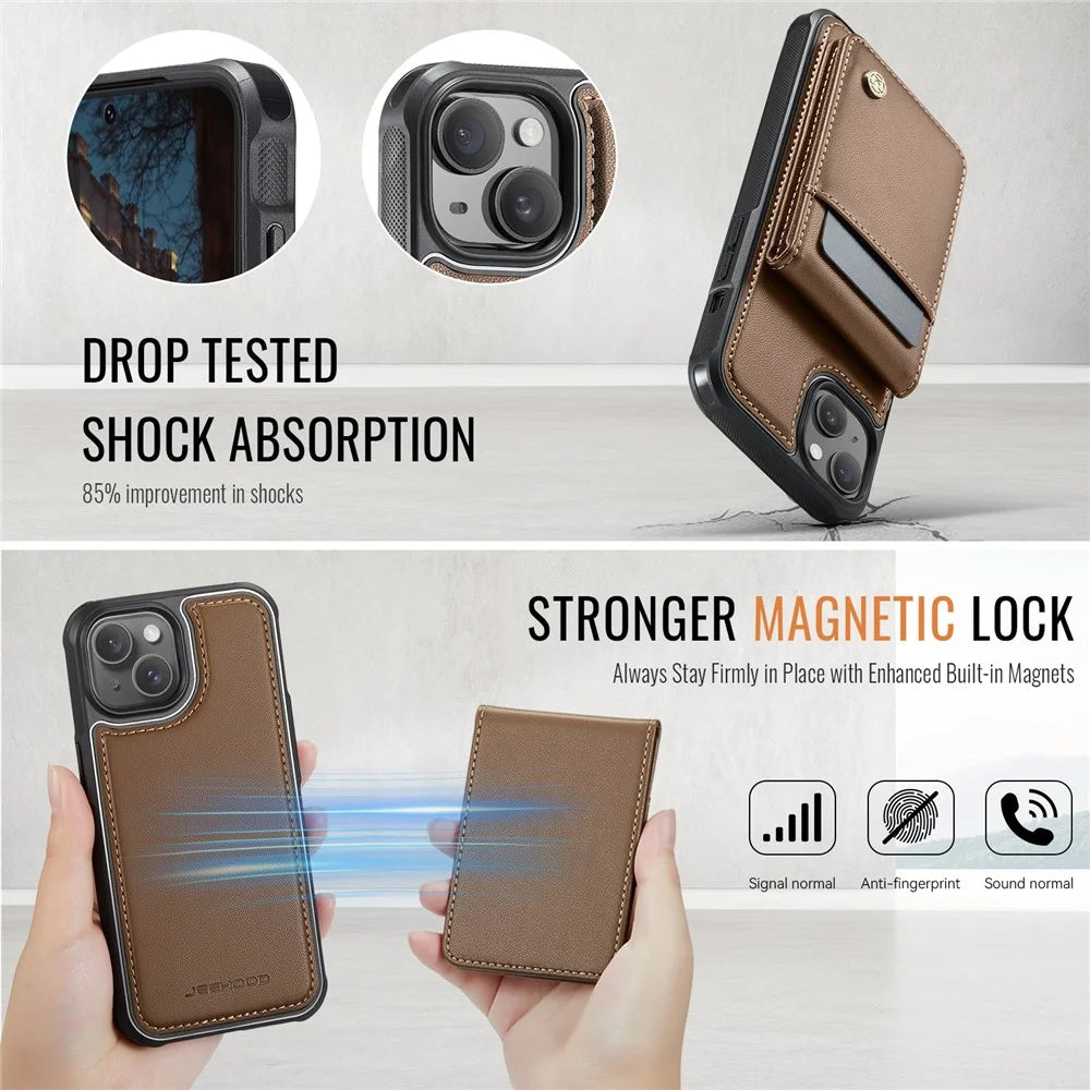JEEHOOD For iPhone 13 6.1 inch Leather Back Cover Compatible with MagSafe  J06 Phone Case with Card Bag RFID Blocking - Brown - 5