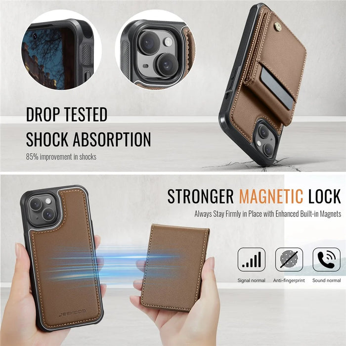 JEEHOOD For iPhone 13 6.1 inch Leather Back Cover Compatible with MagSafe  J06 Phone Case with Card Bag RFID Blocking - Brown - 5