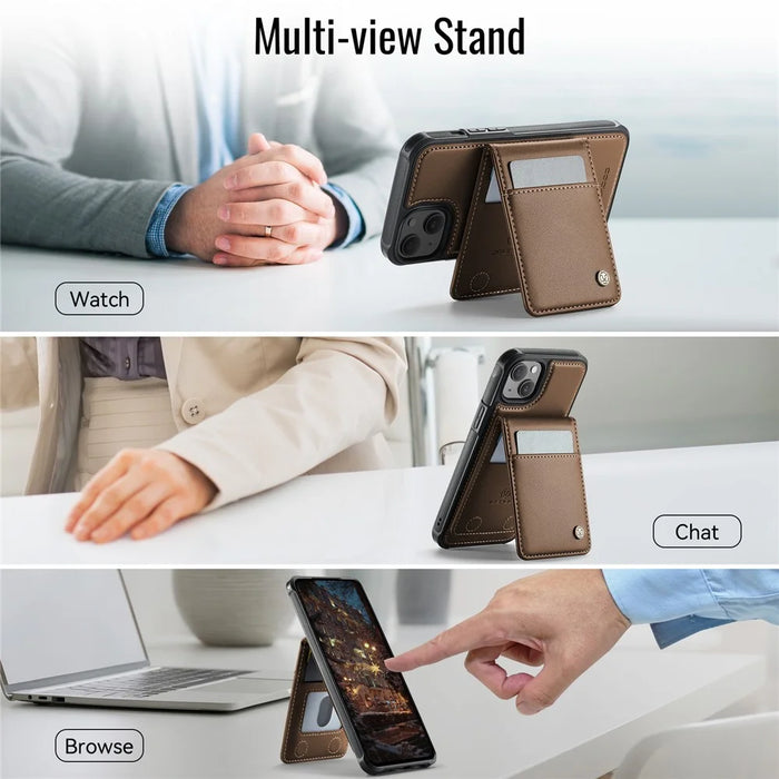 JEEHOOD For iPhone 13 6.1 inch Leather Back Cover Compatible with MagSafe  J06 Phone Case with Card Bag RFID Blocking - Brown - 6