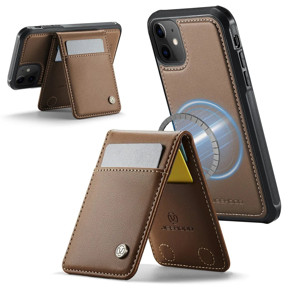 JEEHOOD For iPhone 12 Pro 6.1 inch / iPhone 12 6.1 inch Leather Back Cover Compatible with MagSafe  J06 Phone Case with Card Bag RFID Blocking - Brown - 2