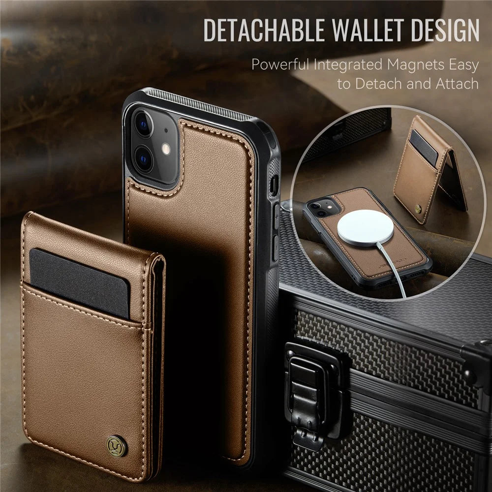 JEEHOOD For iPhone 12 Pro 6.1 inch / iPhone 12 6.1 inch Leather Back Cover Compatible with MagSafe  J06 Phone Case with Card Bag RFID Blocking - Brown - 3