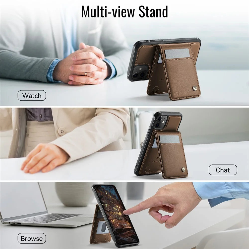 JEEHOOD For iPhone 12 Pro 6.1 inch / iPhone 12 6.1 inch Leather Back Cover Compatible with MagSafe  J06 Phone Case with Card Bag RFID Blocking - Brown - 5