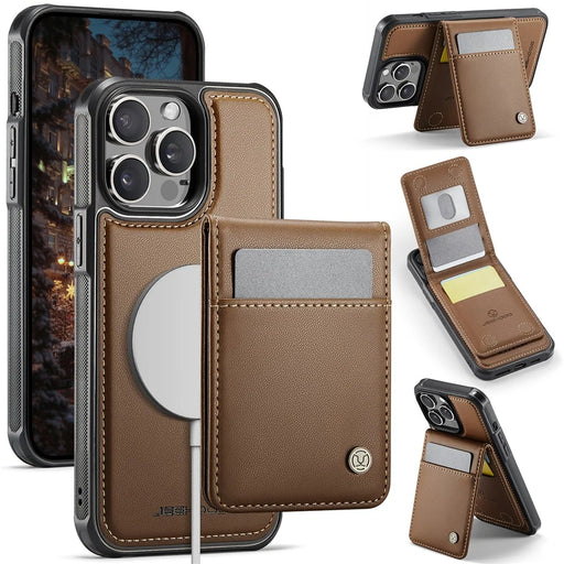 JEEHOOD For iPhone 12 Pro Max 6.7 inch Leather Back Cover Compatible with MagSafe  J06 Phone Case with Card Bag RFID Blocking - Brown - 1