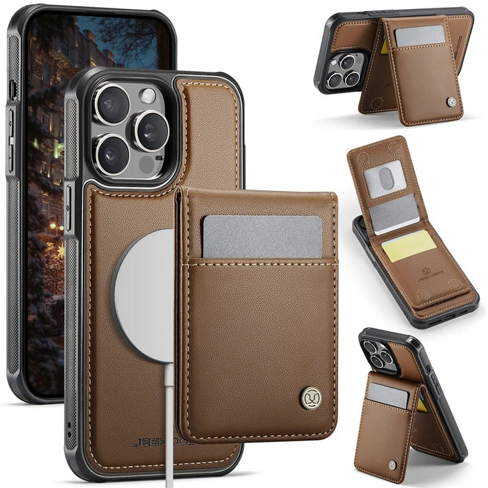 JEEHOOD For iPhone 12 Pro Max 6.7 inch Leather Back Cover Compatible with MagSafe  J06 Phone Case with Card Bag RFID Blocking - Brown - 1