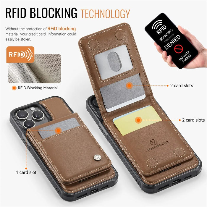 JEEHOOD For iPhone 12 Pro Max 6.7 inch Leather Back Cover Compatible with MagSafe  J06 Phone Case with Card Bag RFID Blocking - Brown - 3