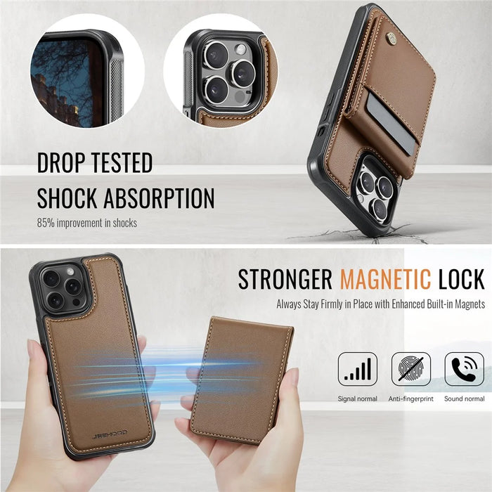 JEEHOOD For iPhone 12 Pro Max 6.7 inch Leather Back Cover Compatible with MagSafe  J06 Phone Case with Card Bag RFID Blocking - Brown - 5