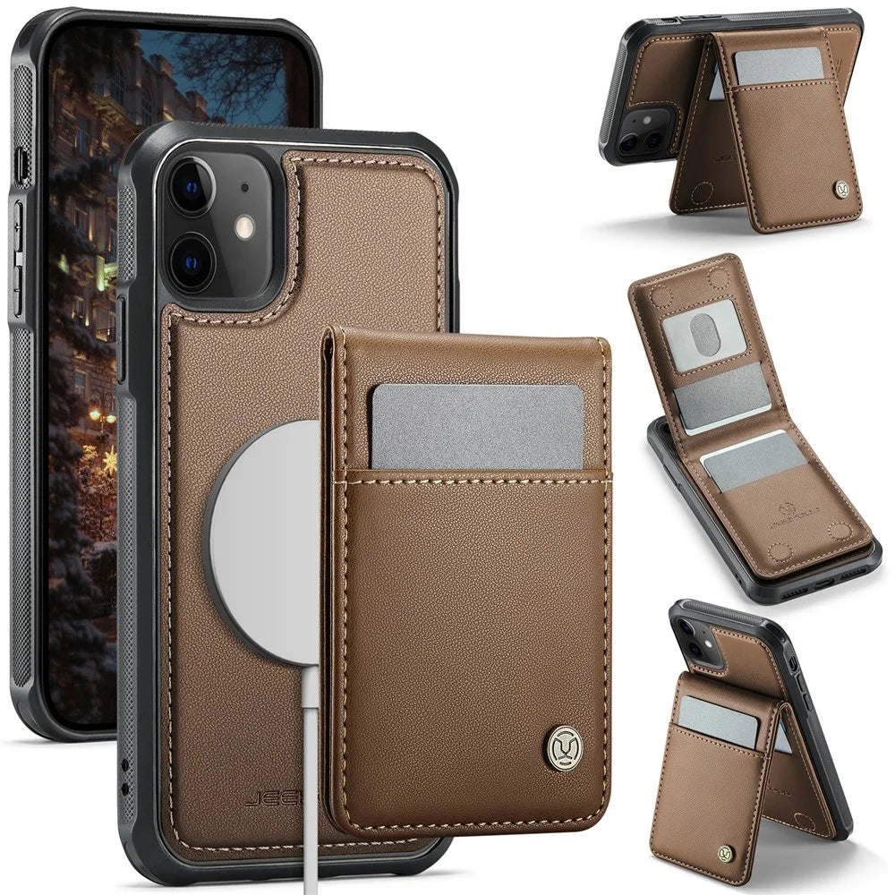 JEEHOOD For iPhone 11 Leather Back Cover Compatible with MagSafe  J06 Phone Case with Card Bag RFID Blocking - Brown - 1