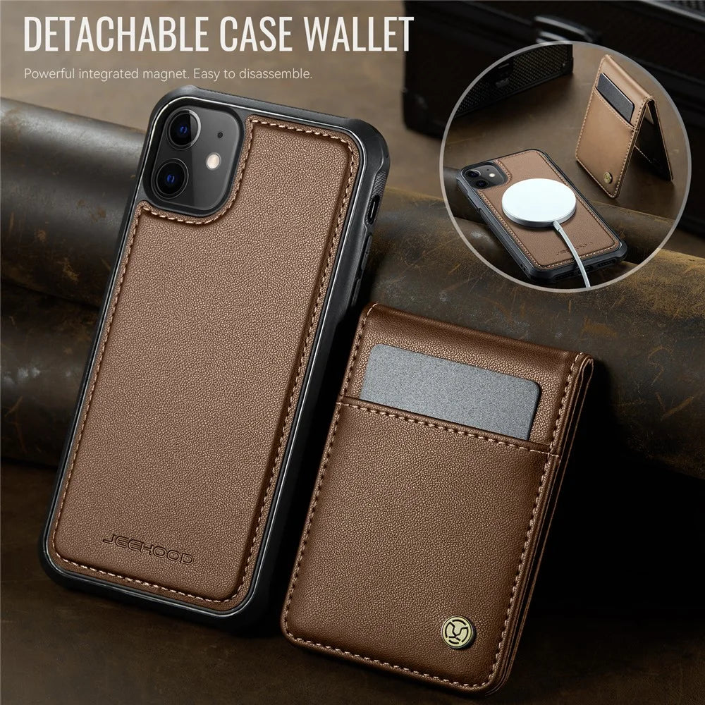 JEEHOOD For iPhone 11 Leather Back Cover Compatible with MagSafe  J06 Phone Case with Card Bag RFID Blocking - Brown - 6