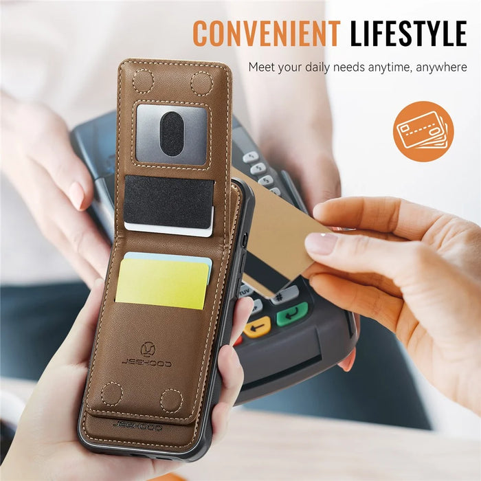 JEEHOOD For iPhone 11 Leather Back Cover Compatible with MagSafe  J06 Phone Case with Card Bag RFID Blocking - Brown - 7