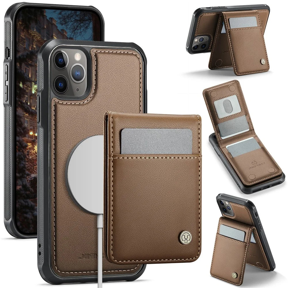 JEEHOOD For iPhone 11 Pro Leather Back Cover Compatible with MagSafe  J06 Phone Case with Card Bag RFID Blocking - Brown - 1