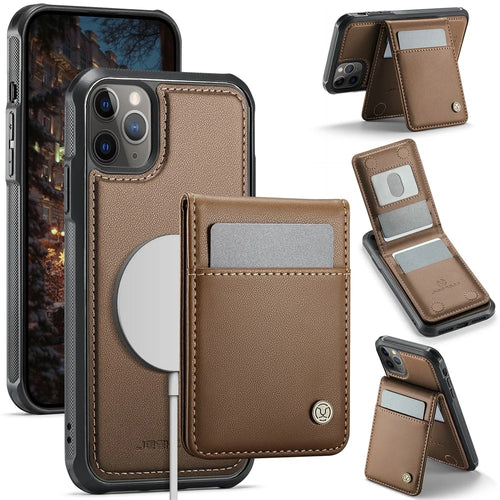 JEEHOOD For iPhone 11 Pro Leather Back Cover Compatible with MagSafe  J06 Phone Case with Card Bag RFID Blocking - Brown - 1