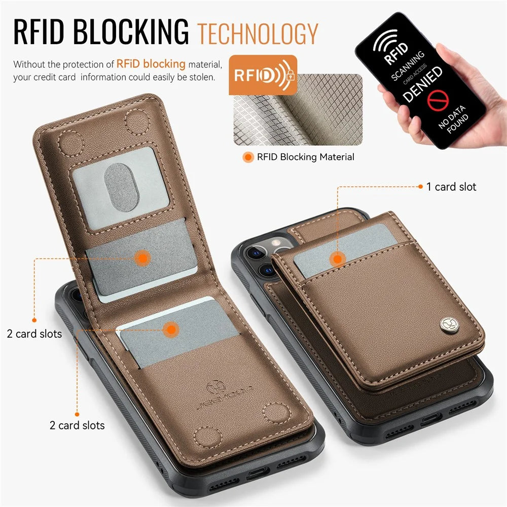 JEEHOOD For iPhone 11 Pro Leather Back Cover Compatible with MagSafe  J06 Phone Case with Card Bag RFID Blocking - Brown - 4