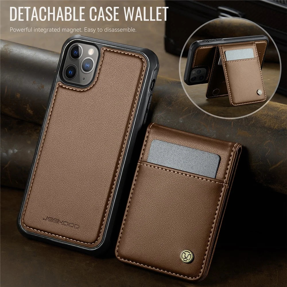 JEEHOOD For iPhone 11 Pro Leather Back Cover Compatible with MagSafe  J06 Phone Case with Card Bag RFID Blocking - Brown - 6