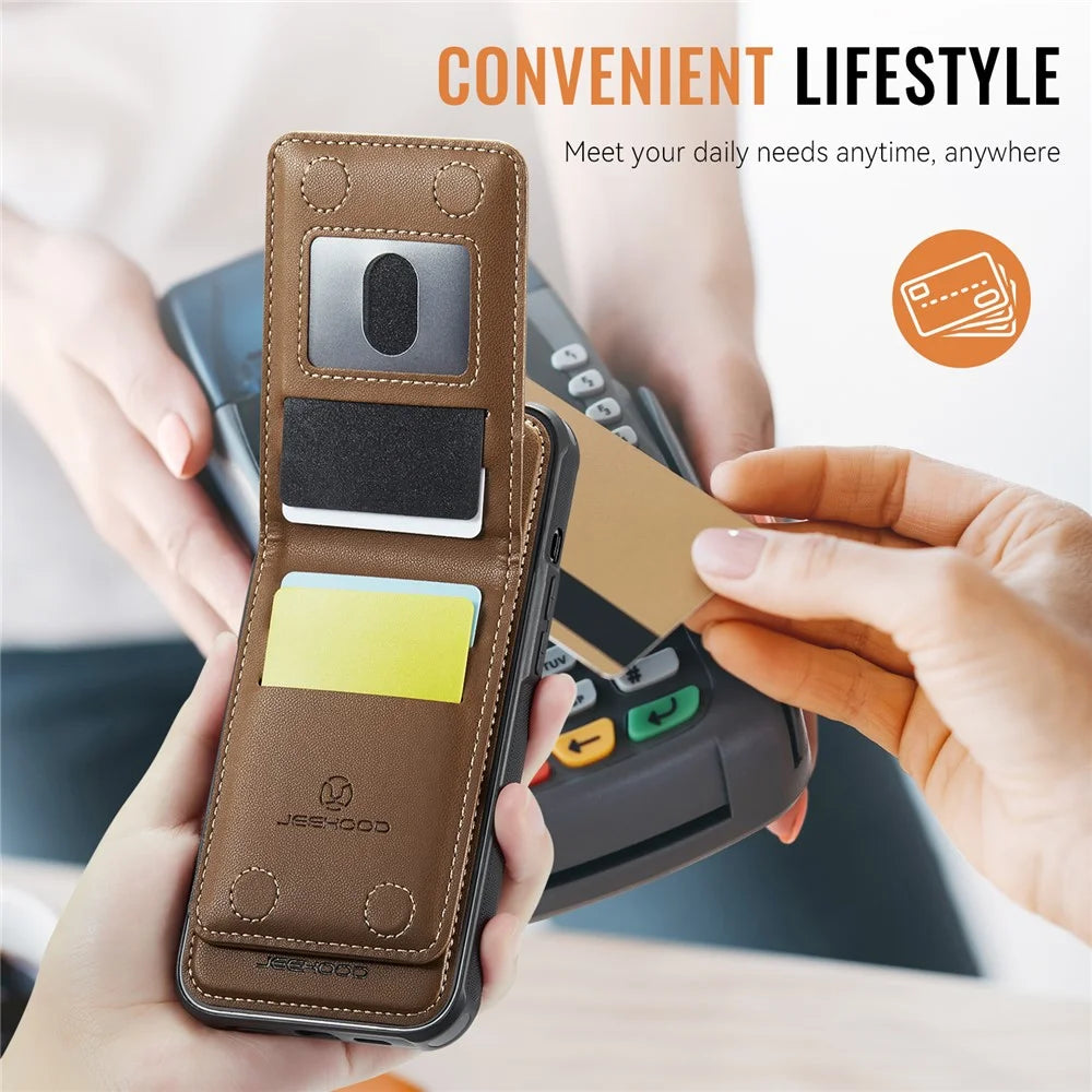 JEEHOOD For iPhone 11 Pro Leather Back Cover Compatible with MagSafe  J06 Phone Case with Card Bag RFID Blocking - Brown - 7
