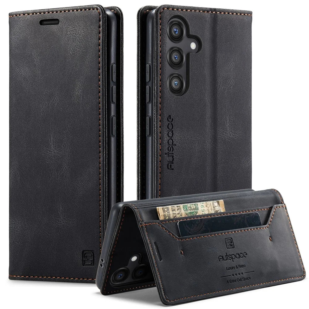 AUTSPACE For Samsung Galaxy S25 Wallet Case  A01 Leather Stand Cover with RFID Blocking Card Holder - Black - 1