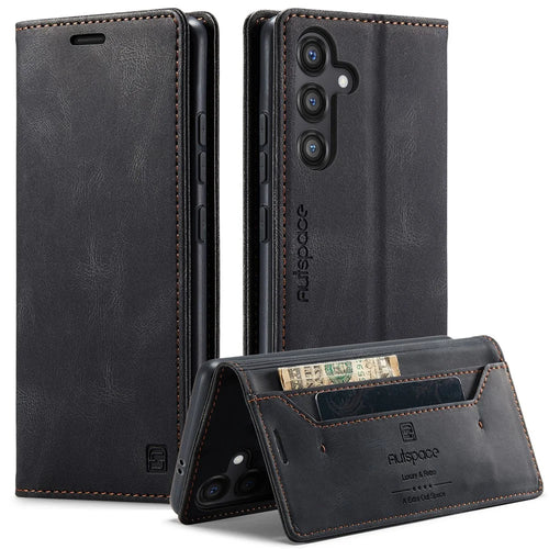 AUTSPACE For Samsung Galaxy S25 Wallet Case  A01 Leather Stand Cover with RFID Blocking Card Holder - Black - 1