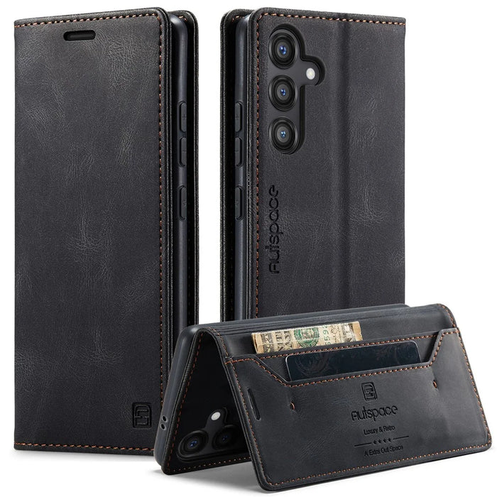 AUTSPACE For Samsung Galaxy S25 Wallet Case  A01 Leather Stand Cover with RFID Blocking Card Holder - Black - 1