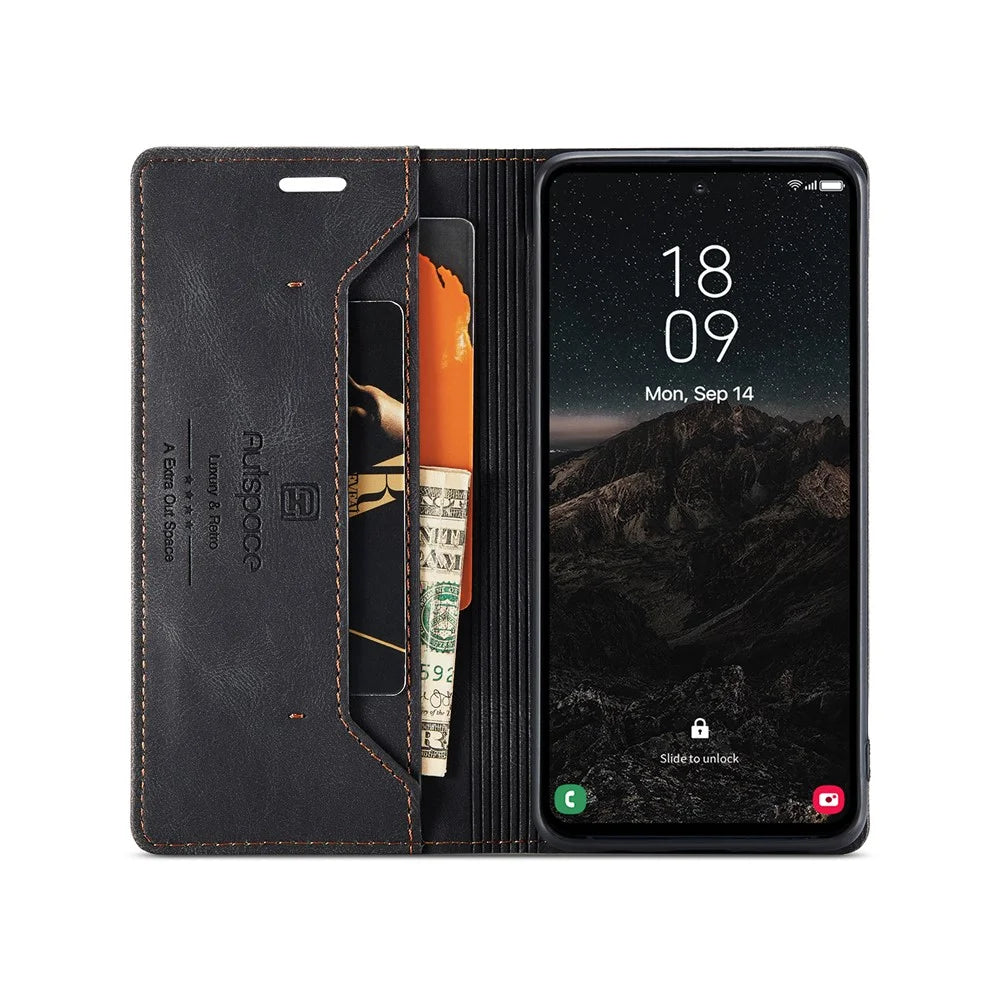 AUTSPACE For Samsung Galaxy S25 Wallet Case  A01 Leather Stand Cover with RFID Blocking Card Holder - Black - 3