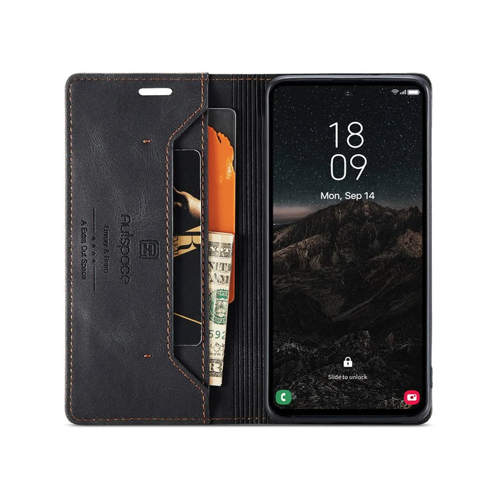 AUTSPACE For Samsung Galaxy S25 Wallet Case  A01 Leather Stand Cover with RFID Blocking Card Holder - Black - 3