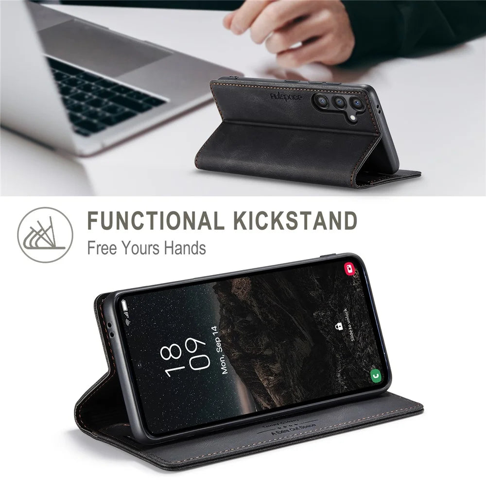 AUTSPACE For Samsung Galaxy S25 Wallet Case  A01 Leather Stand Cover with RFID Blocking Card Holder - Black - 7