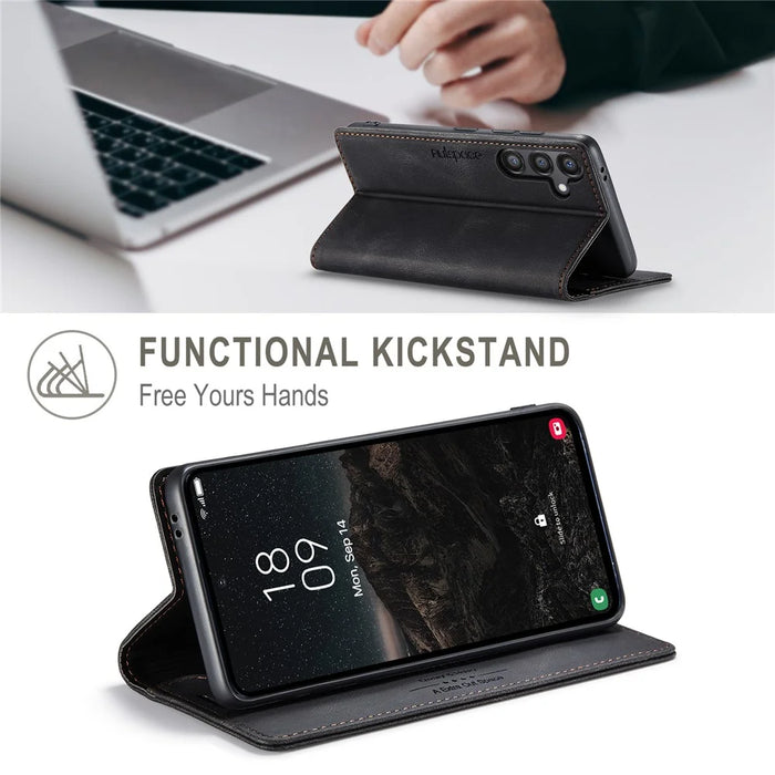 AUTSPACE For Samsung Galaxy S25 Wallet Case  A01 Leather Stand Cover with RFID Blocking Card Holder - Black - 7