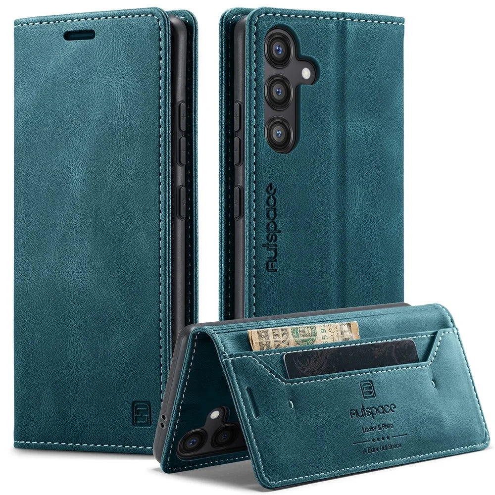 AUTSPACE For Samsung Galaxy S25+ Wallet Case  A01 Leather Stand Cover with RFID Blocking Card Holder - Blue - 1