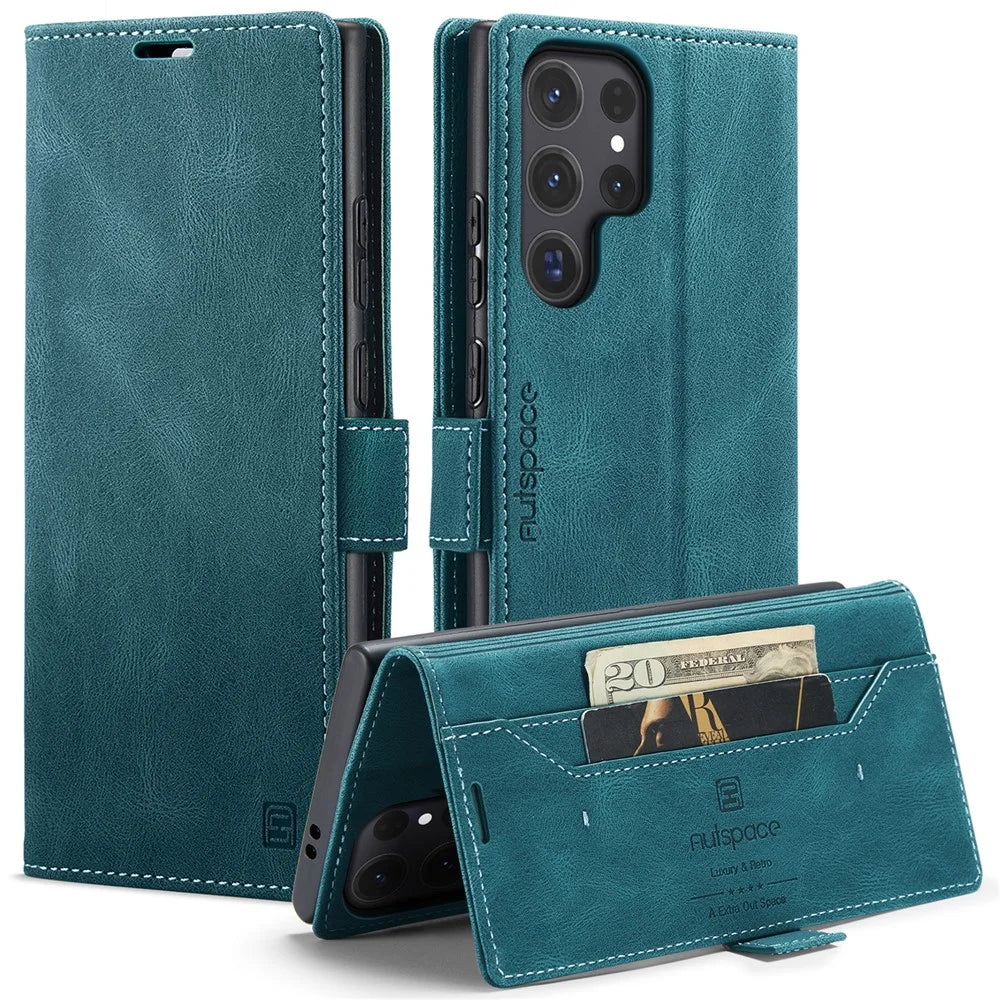 AUTSPACE For Samsung Galaxy S25 Ultra Wallet Case  A01 Leather Stand Cover with RFID Blocking Card Holder - Blue - 1