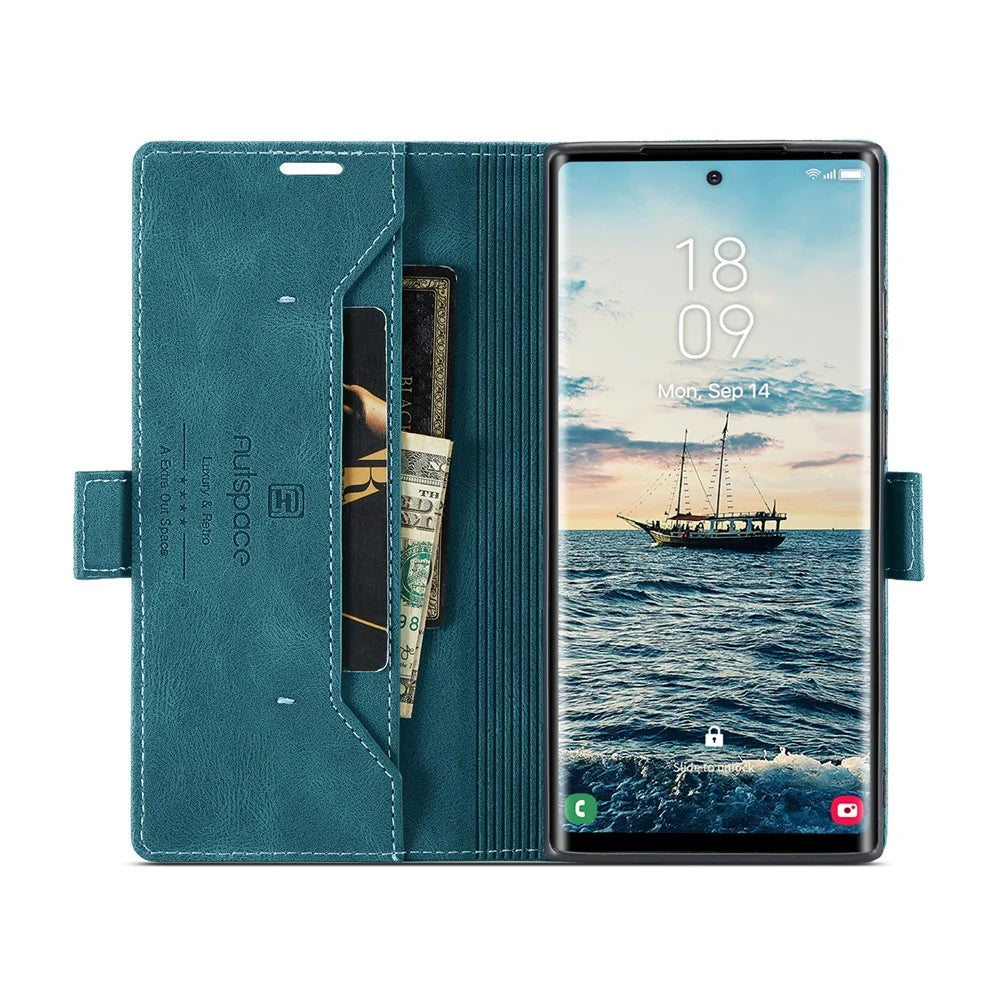 AUTSPACE For Samsung Galaxy S25 Ultra Wallet Case  A01 Leather Stand Cover with RFID Blocking Card Holder - Blue - 3