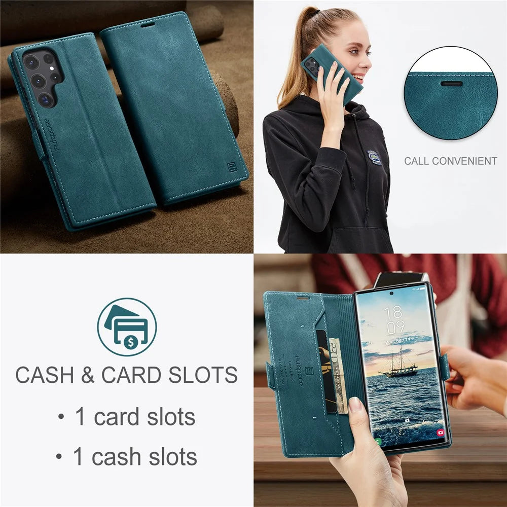 AUTSPACE For Samsung Galaxy S25 Ultra Wallet Case  A01 Leather Stand Cover with RFID Blocking Card Holder - Blue - 6