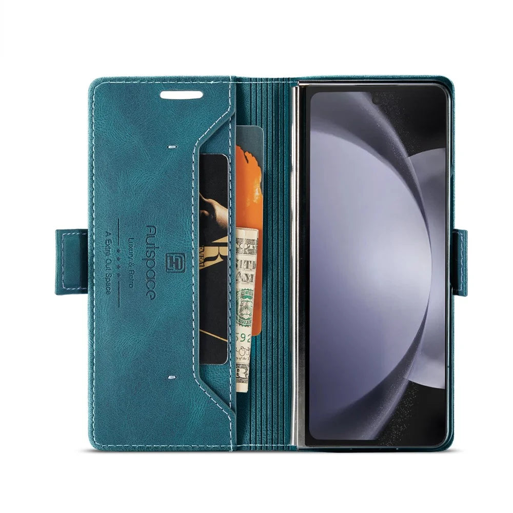 AUTSPACE For Samsung Galaxy Z Fold6 5G Wallet Case  A01 Leather Stand Cover with RFID Blocking Card Holder - Blue - 3