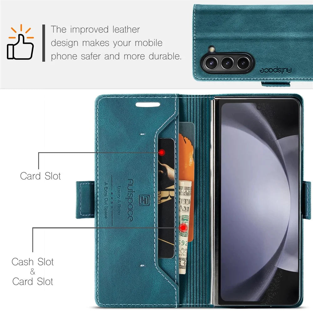 AUTSPACE For Samsung Galaxy Z Fold6 5G Wallet Case  A01 Leather Stand Cover with RFID Blocking Card Holder - Blue - 6