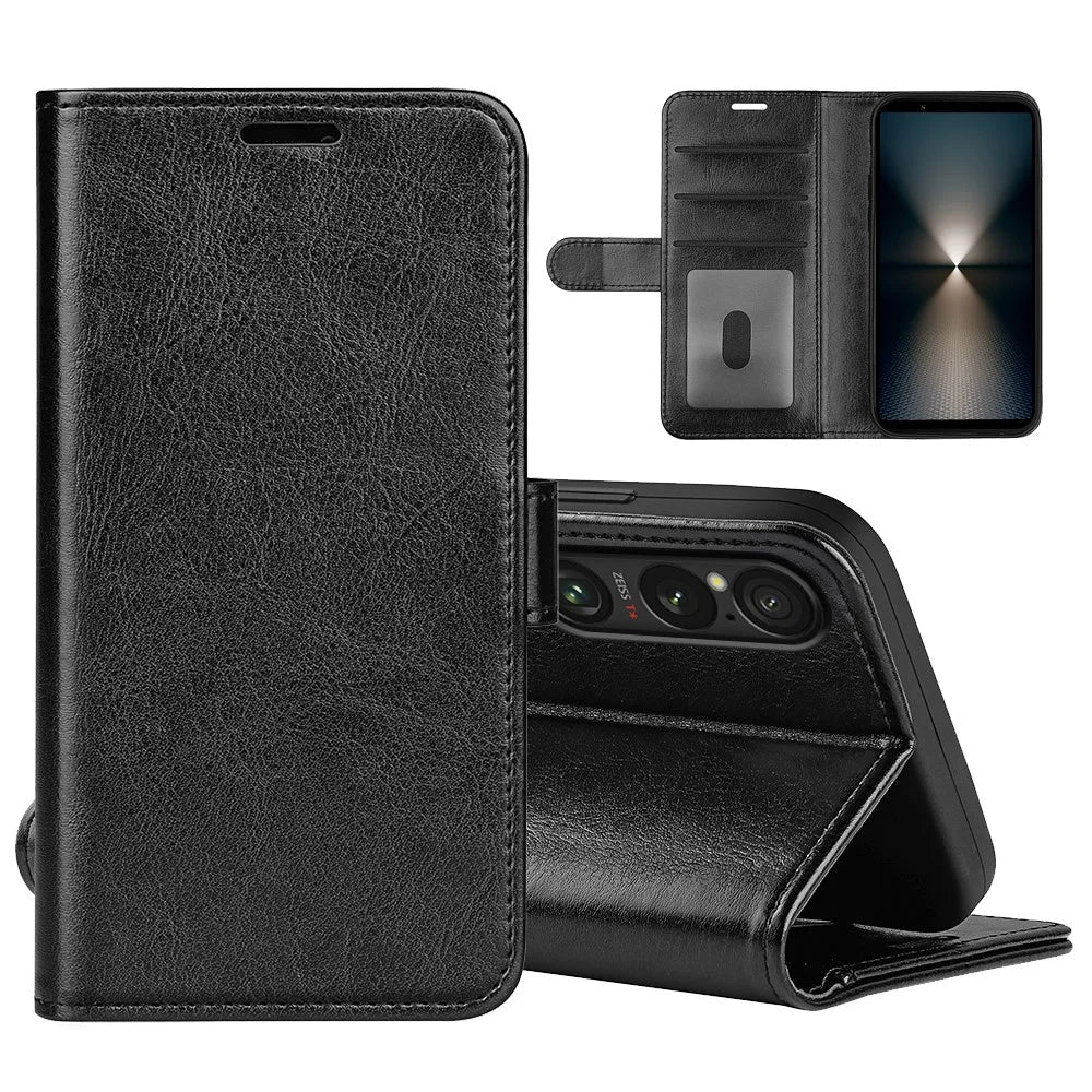For Sony Xperia 1 VII Case Crazy Horse Texture Stand Leather Phone Cover - Black - 1