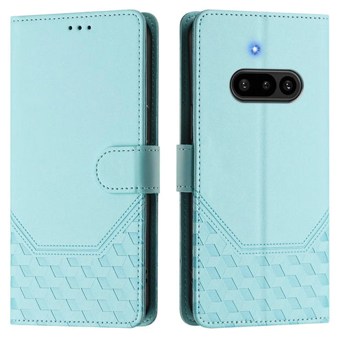 For Nothing Phone (3a) Case Imprinted Honeycomb RFID Blocking Leather Phone Cover with Strap - Mint Green - 1